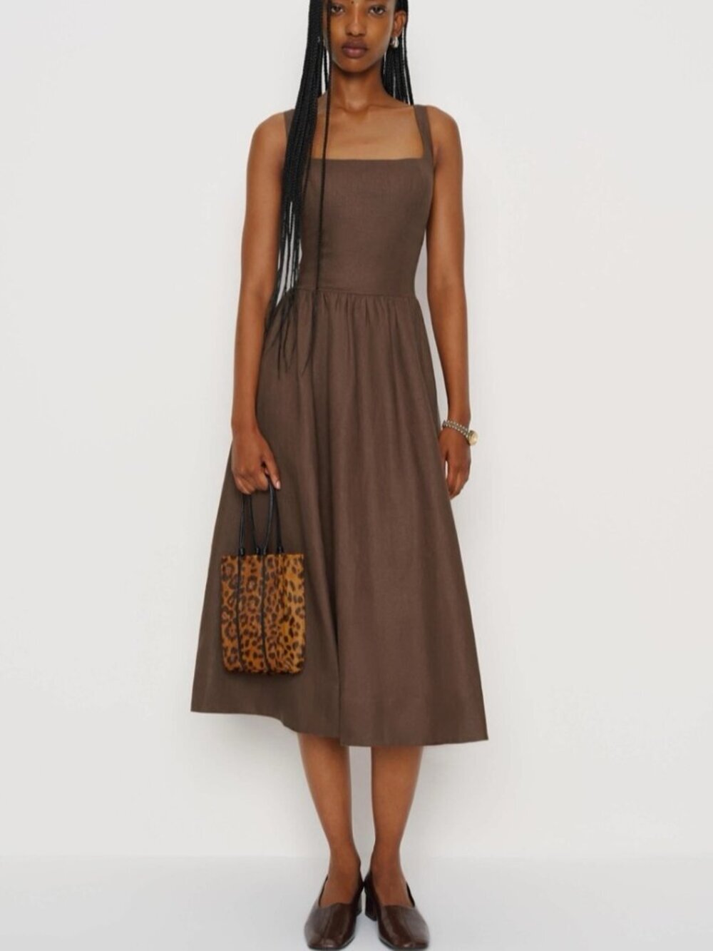 NEW Reformation Janu Square Neck Midi Linen Dress Chocolate Cake Brown US 6 UK10